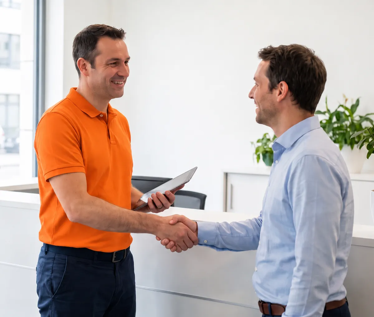 Un responsable en polo orange, tablette en main, serre la main d'un client dans l'accueil lumineux de ses bureaux